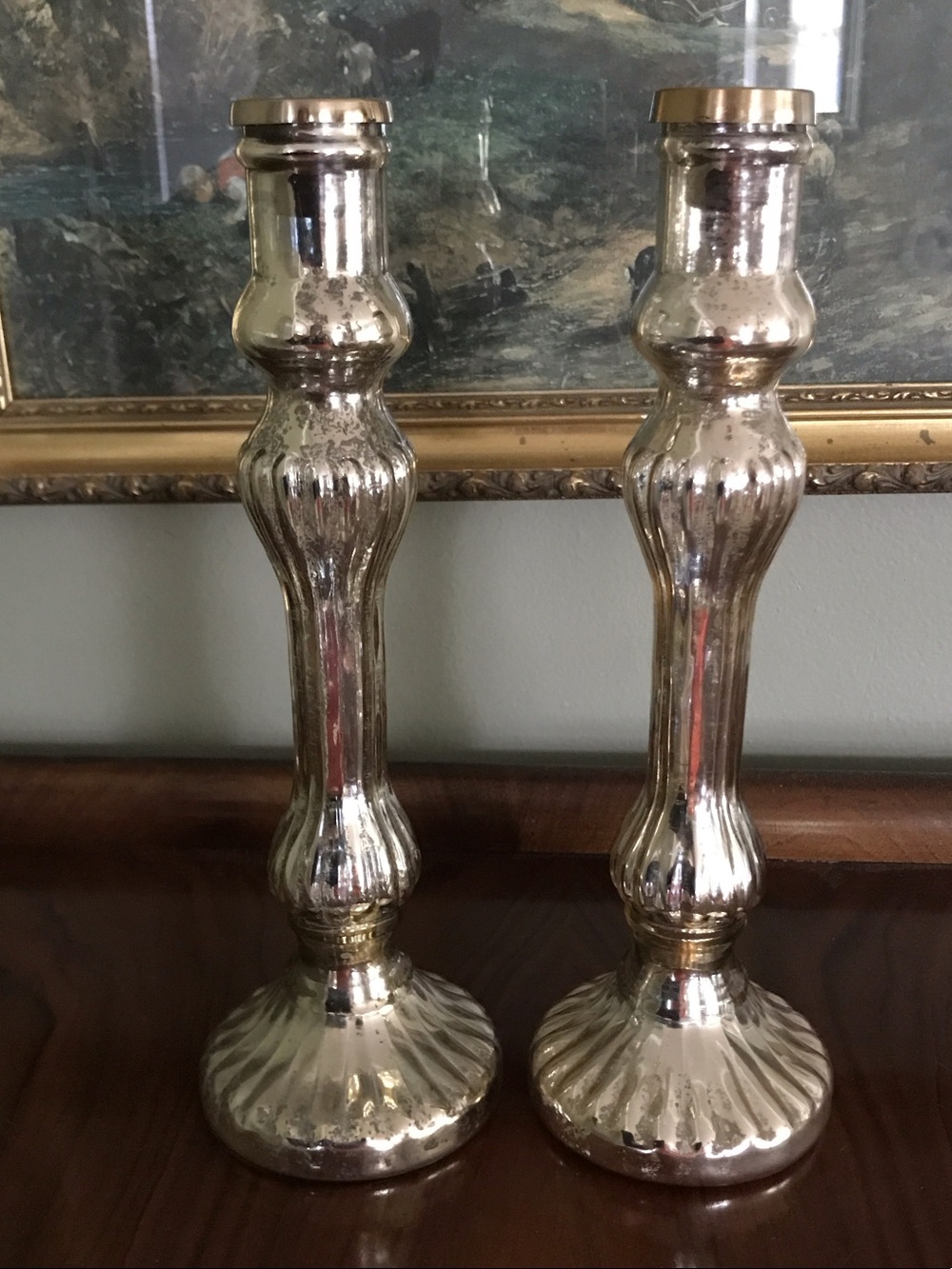 Gold Colored Mercury Glass Candlesticks, Set of 2